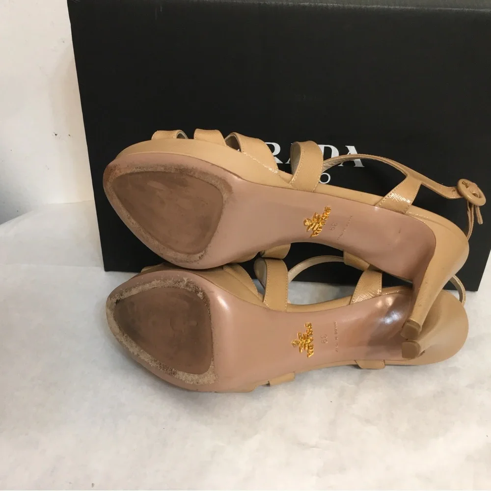 Prada Strappy Beige Patent Leather Platform Sandals Size 39 made in Italy - Picture 13 of 13